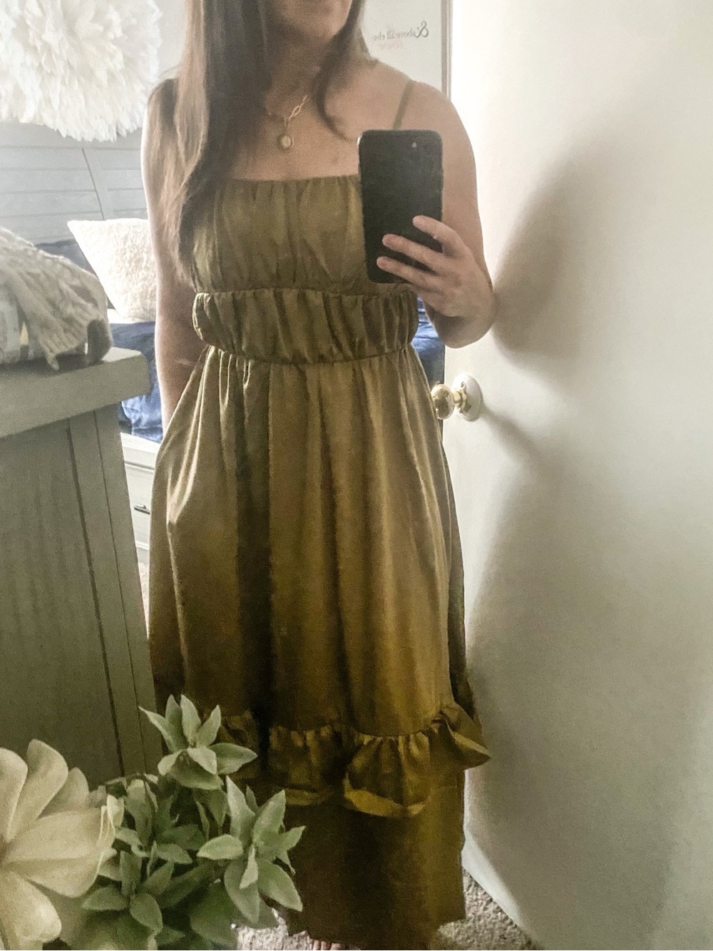 Olive Green Smocked Waist Midi Dress - Women